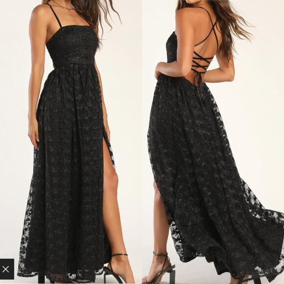 LULU'S M Pursuing Elegance Black Floral Embroidered Lace-Up Maxi Dress NEW b130 - Picture 1 of 9